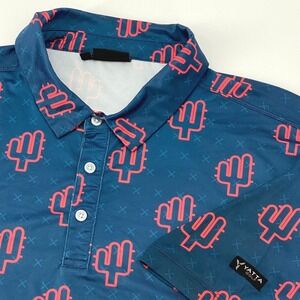 Yatta Golf Mens XL Polo Shirt Teal Blue Coral Pink Cactus Print Performance Golf
